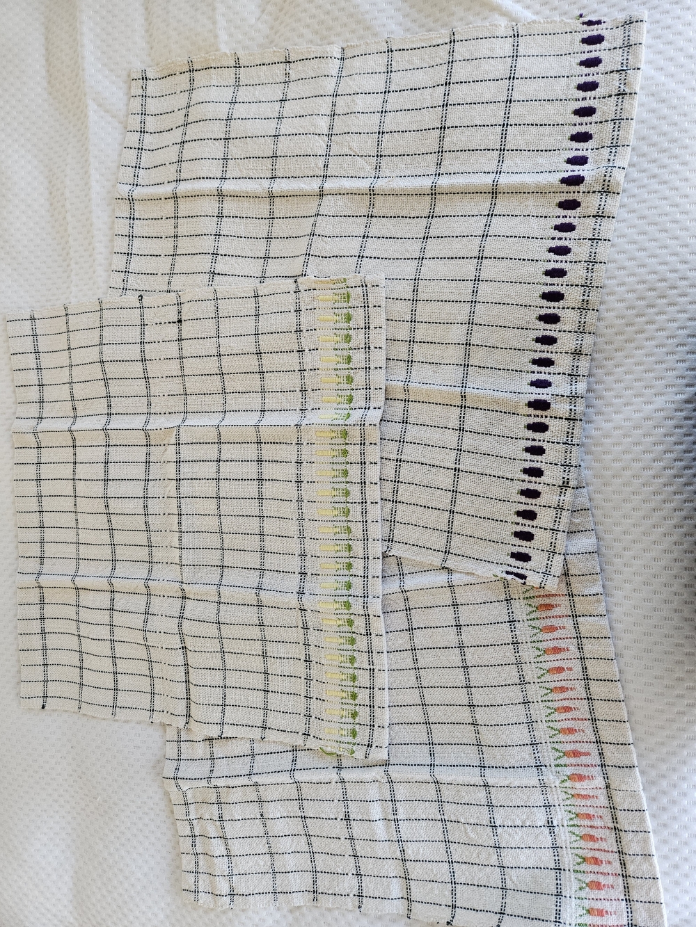 Hand Spun Handwoven Kitchen Cotton Dish Towels - White with Black Grid Vegie